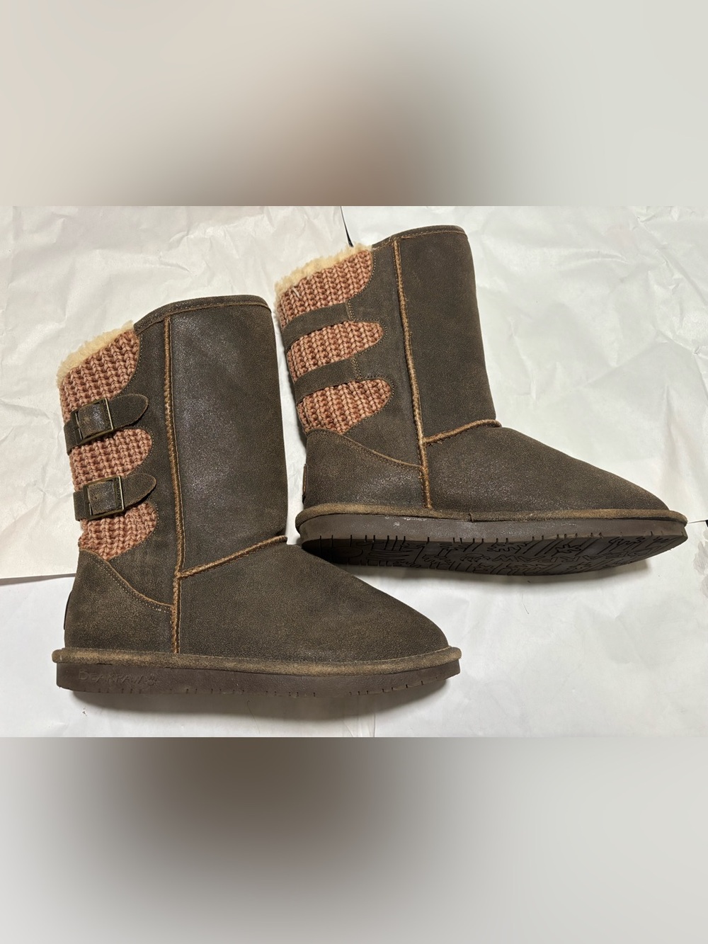BearPaw Brown Suede-Look Faux Fur Lined Ankle Boots with Knit Panels